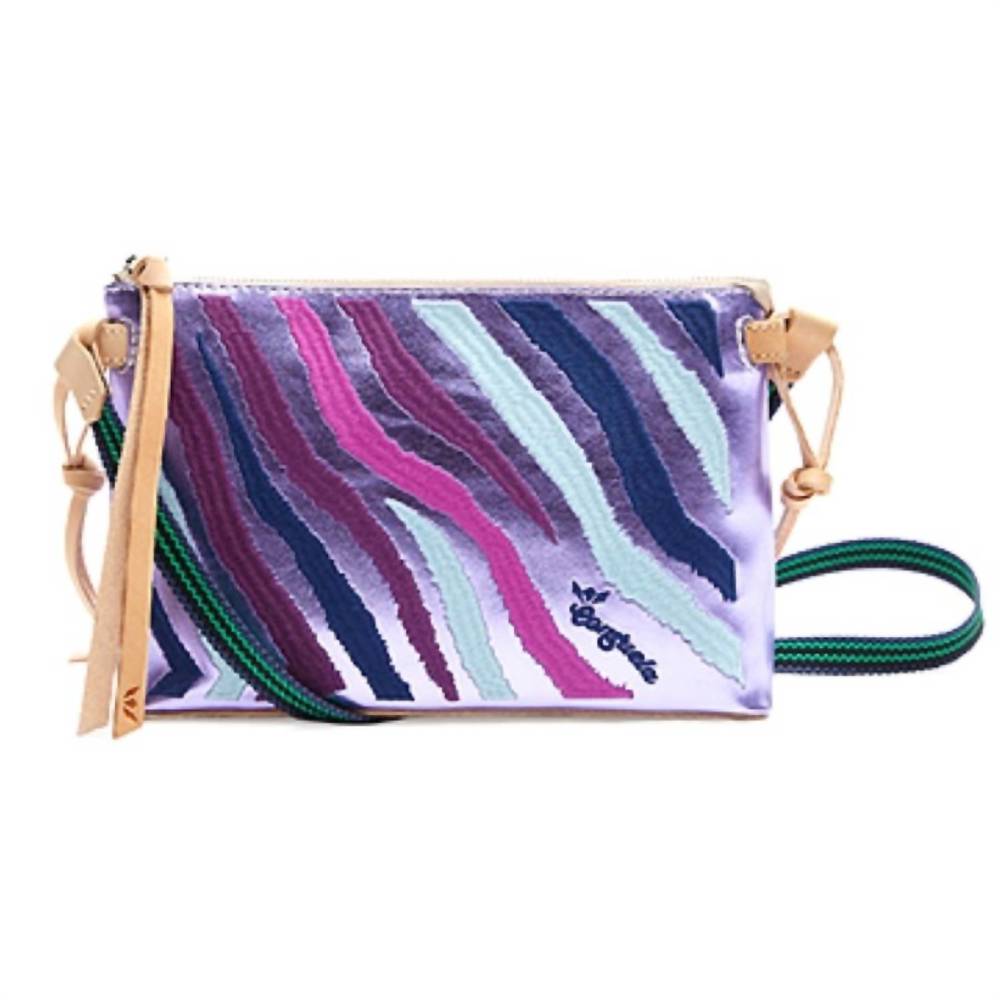 Consuela Purple Multiwave Crossbody Bag with Tan Strap Accents